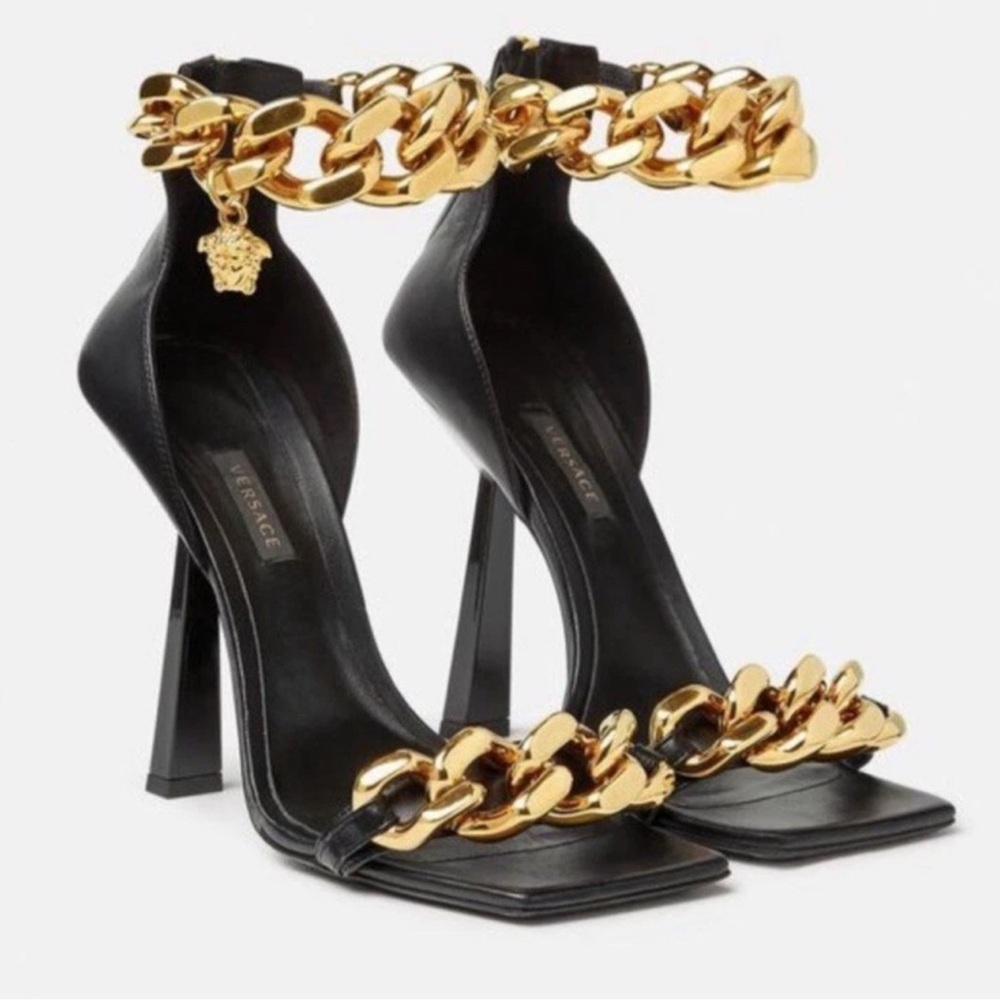 Versace Women's Black and Gold Medusa Chain Sandals